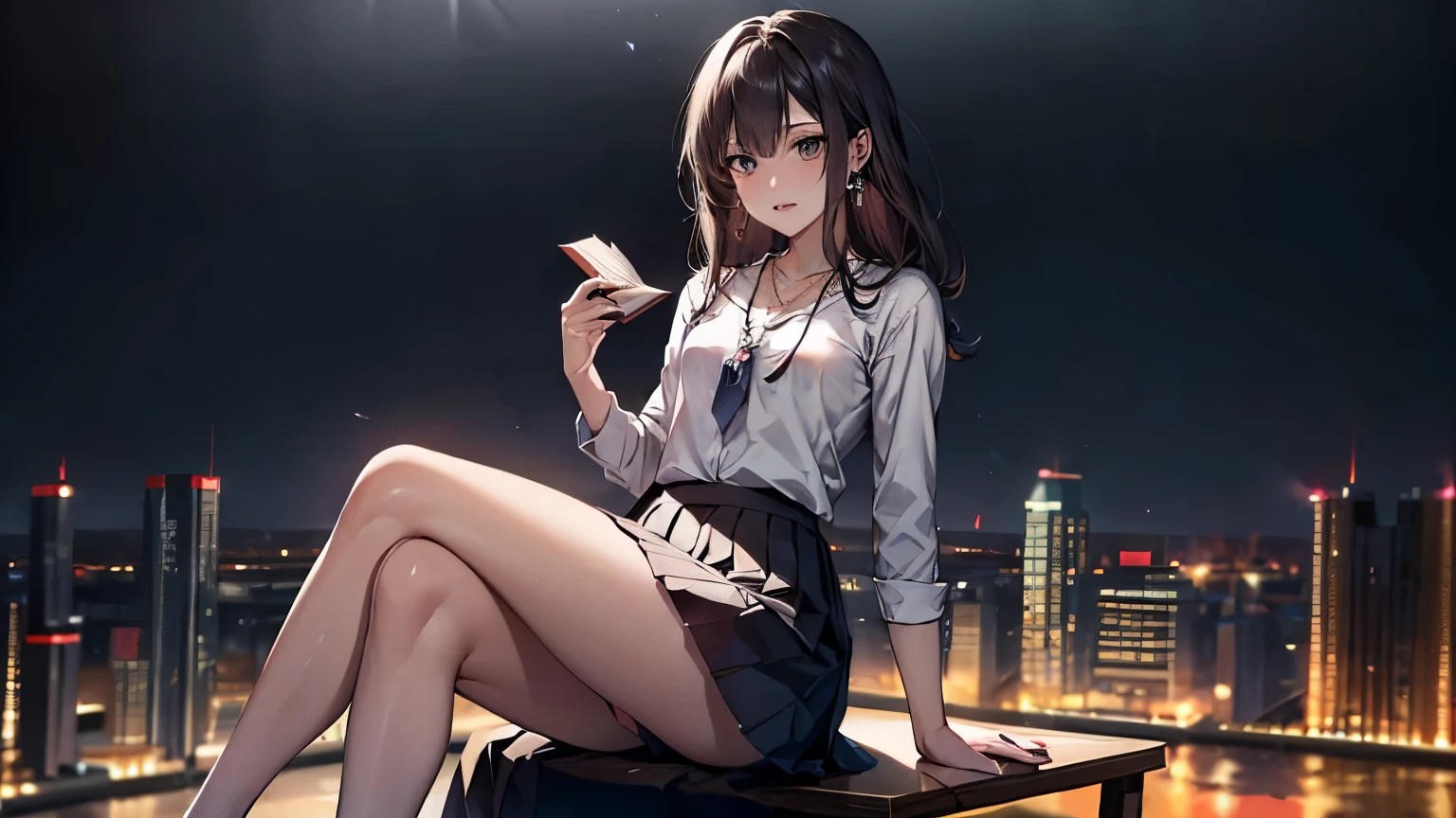 ((Biologically correct limb count))、(( 顔を含むwhole body写真))、4K、((Standing position))、masterpiece、((Symmetrical facial features))、Eye for detailed depiction、Beautiful woman、Excellent style、Beautiful clavicle、Beautiful feet、Beautiful Hands、Slender body、(Small Ass、Thin thighs)、(High heels)、Detailed depiction of the face、Small earrings、necklace、(shirt、(Block pleated skirt))、Glancing sideways、tie、Night cityscape、Great background、Low Angle、Reading a book、whole body、Attractive legs