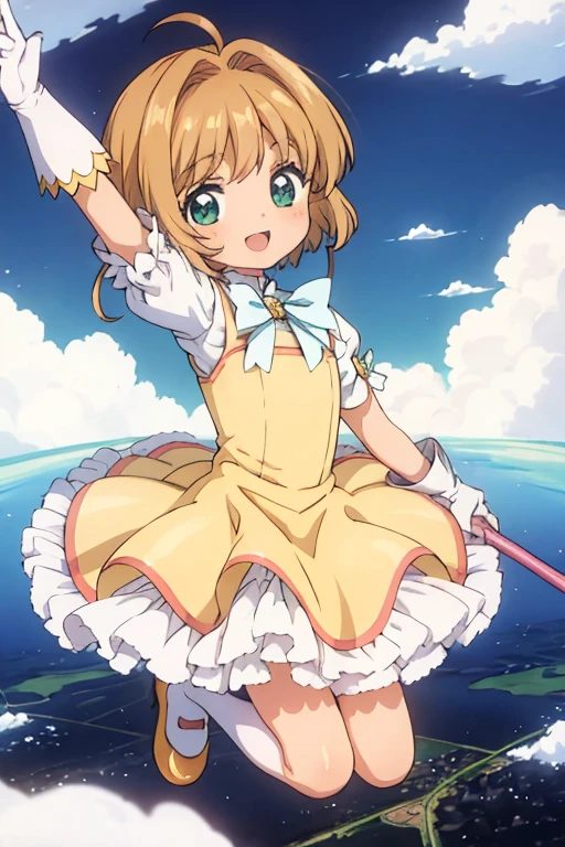 kawaii, anime, Cute,1000 meters above the clouds,A boy cosplaying as a magical girl is hovering in the air,9 year old boy,Short bob hair,Brown Hair,Dresses with lots of frills,Wearing drawers,Wearing a petticoat,Wearing knee-high socks,Throw the spear,Full body portrait,A dynamic pose,Sparkling,Beautiful background,High-definition background,A happy smile,A dynamic pose