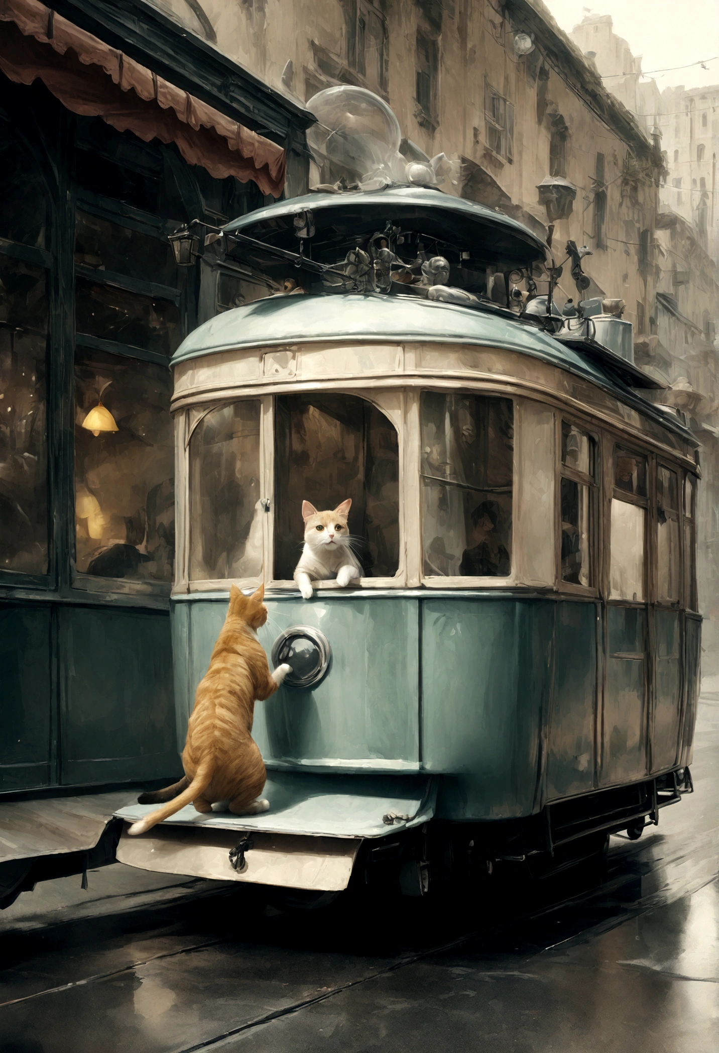 Tabletop、Surreal、Photorealistic、Cat-shaped tram