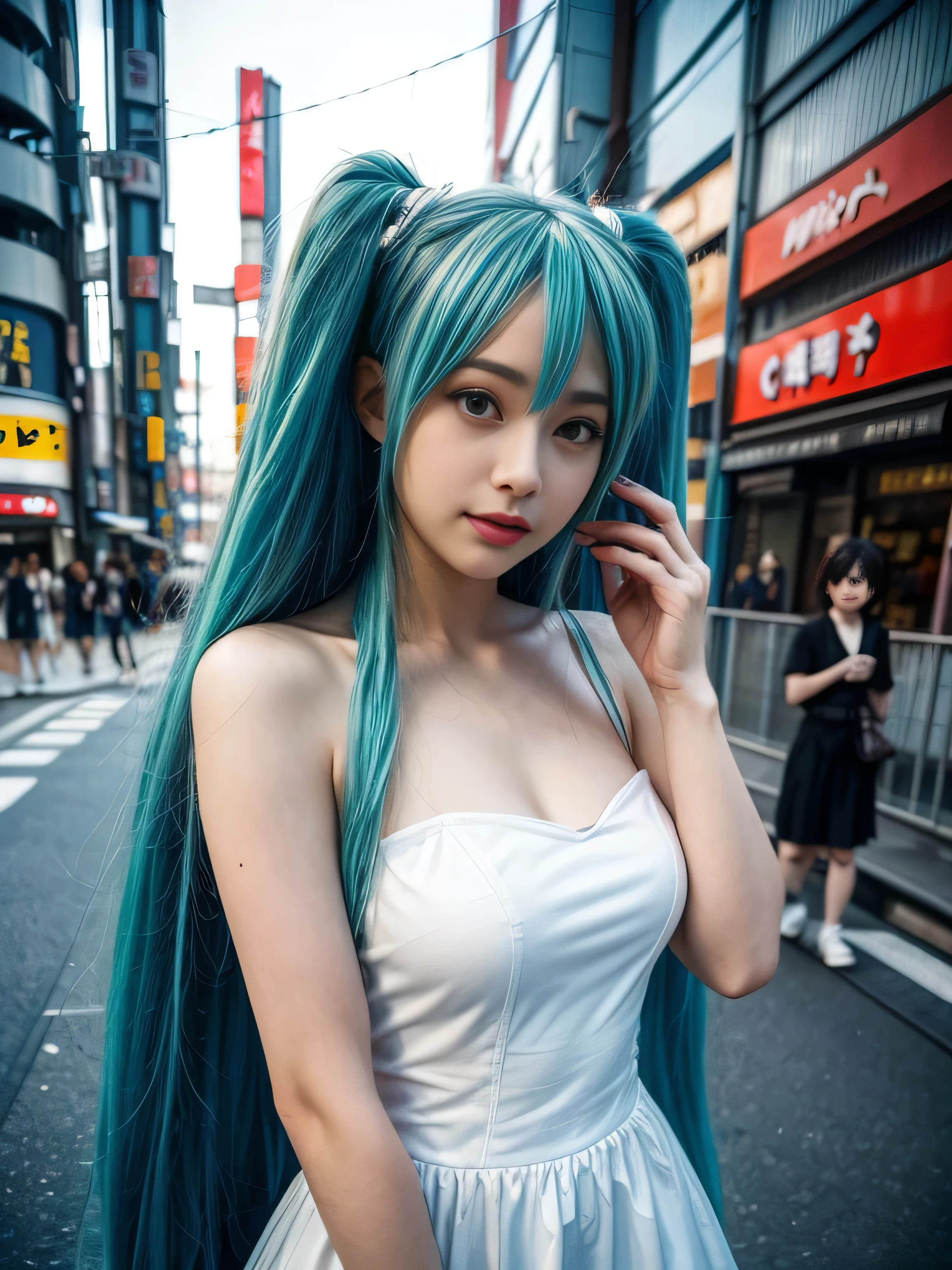 19 year old ，big round breasts, Grande Ariana, chica anime role play, anime role play, (Hatsune MikuCosplay:1.4) , foto de role play, two white tails_Gloves, role play, Cute anime waifu wearing beautiful clothes, Anime long hair girl, anime goddess, role play elegante y glamoroso, Anime girl dressed as maid more detail 8K.Unreal Engine:1.4,Ultra HD,La best quality:1.4, Realistic:1.4, Texture:1.4, masterpiece:1.8,masterpiece, best quality,Object Object], (Facial features are detailed:1.3),(Correct proportions),(Beautiful blue eyes),  (Cowboy pose), ,( Cyberpunk 2.1), (Background city Tokyo :1.4),( Hand Details:1.4),( Perfect anatomical structure)