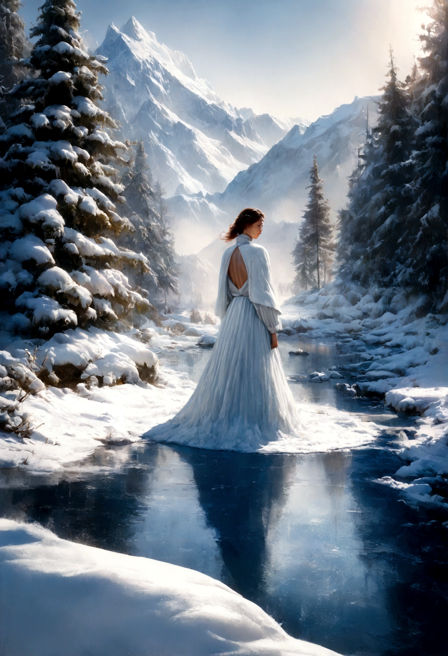 (Best quality,4K,8K,A high resolution,Masterpiece:1.2),Ultra-detailed,(Realistic,Photorealistic,photo-realistic:1.37),Winter theme,landscape,Refreshing and cool color,soft and warm lighting,Icy atmosphere,golden rays of sunlight,Icy reflections,Snow-covered mountains,Sparkling snowflakes,Evergreen tree,Melting icicles,Tranquil lake,Peaceful silence,Gentle breeze,A touch of magic,Nostalgia,Artistic brushstrokes,subtle texture,Fine details,Detailed foreground elements,Sublime horizons,Prominent perspectives,Vibrant brushstrokes,Layered composition,Vivid winter tones,Carefully crafted balances,A sense of dramatic depth,Tranquil winter scene,Ethereal beauty,A classic winter wonderland,Vibrant winter fantasy,Skillful craftsmanship,Superb artistry,Fascinating winter stories,Superb use of light and shadow,Dreamlike atmosphere,Elegant movement in the wind,One with nature,An alluring sense of adventure,Majestic and intimate,Winter hugs,Instantly frozen in time,In the distance, there is a vague figure of a person's back
