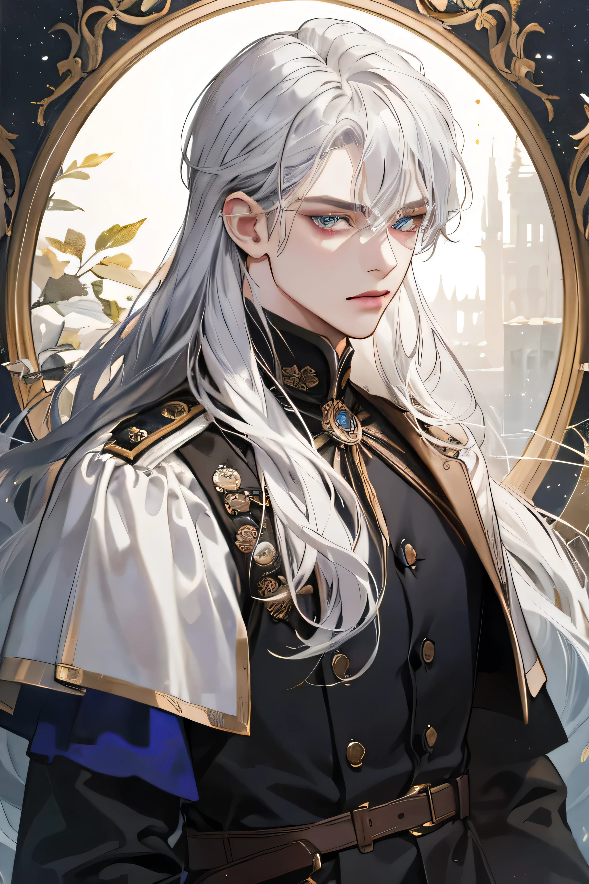 Emperor, old man, male, 1 boy, mature male, manly,  It shines, Depicts equal eyes, Golden eyes (إله male) look at a camera, Depicts delicate facial features, Black uniform, White gloves, Gothic style, ribbon, Long silver white hair, Maximum detail, Accurate image., light Golden eyes, All colors except purple are low in saturation, royal, amazing, noble, Royal dress, Golden eyes, Long silver white hair