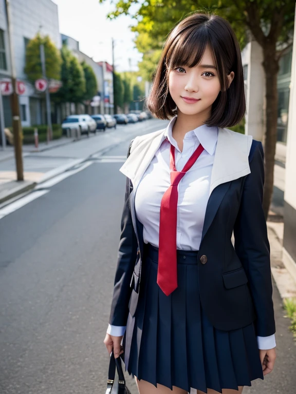 (8k, RAW photo, best quality, masterpiece:1.2), (realistic, photo-realistic:1.4), (extremely detailed 8k wallpaper), Japanese 20 age woman,Ultra-detailed face, Detailed eyes, Double eyelid, school bag,blazer, school, dark blue skirt, short skirt, black socks, loafers, full body,date,(random hairstyles, Huge breasts :1.2),random poses,random outfit,random clothes color