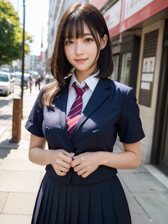 (RAW Photos:1.2), (Realistic:1.4), Beautiful detailed girl, Very detailed eyes and face, Beautiful details, Ridiculous, incredibly Ridiculous, Large file size, Very detailed, High resolution, Very detailed, highest quality, masterpiece, kemomimi, ((Japanese school girl uniform)), shape, Very detailed, CG, Unified, 8k wallpaper, wonderful, Fine details, masterpiece, highest quality, Very detailed CG uniform 8k wallpaper, Light on the face, Cinema Lighting, One Girl,Shy smile、（Big Ass）、full body shot、School Uniforms、Red tie、Dark blue pleated skirt、Around town、City、noon、（Ample breasts）、24-years-old、Short Hair、Short sleeve、Shiny black hair