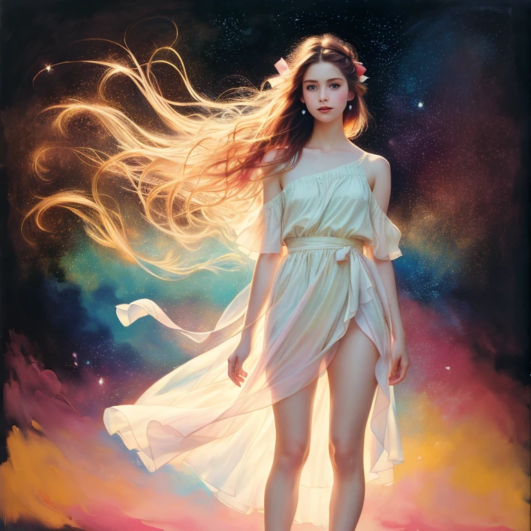 (8k, best quality, masterpiece:1.2),(best quality:1.0), (ultra highres:1.0), pencil colors, a beautiful woman, shoulder, hair ribbons, by agnes cecile, full body portrait, extremely luminous bright design, pastel colors, (ink:1.3), autumn lights, full body