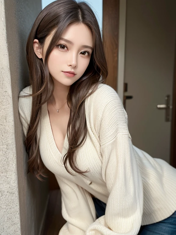 masterpiece, highest quality, High resolution,alone,Brown,artistic,Best lighting,Casual clothing,Flat Chest,Beautiful Face,expensive,smile,light makeup,Age 26,Calm woman,Detailed Hair,Laughing woman,Face Focus,Wavy Hair,Very white skin,Thin eyebrows,Woman wearing a jacket,outside,night,Background Bokashi,illumination,Leaning against the wall