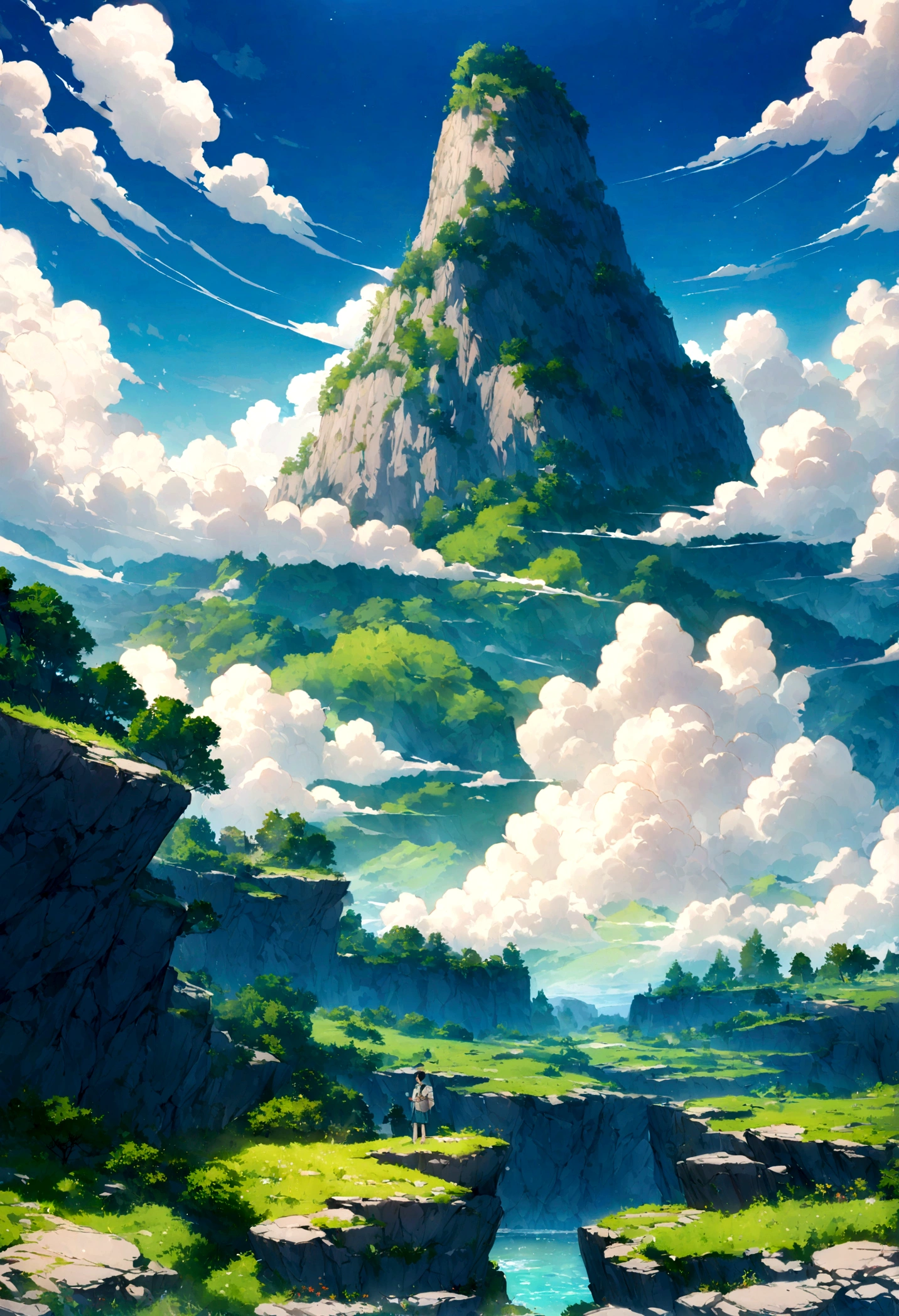 Create a detailed digital painting of a vast, awe-inspiring landscape. In the foreground, depict a person standing on a rocky outcrop, gazing at an immense, towering mountain that seems to blend seamlessly into a massive cloud formation. The person should be wearing casual, contemporary clothing, such as shorts and a T-shirt, with a backpack to suggest they are on an adventure.The sky should be bright blue, filled with dramatic, fluffy clouds that are illuminated by sunlight, creating a dynamic interplay of light and shadow. The clouds should be detailed and expansive, giving a sense of depth and majesty.Surrounding the rocky outcrop, include lush, green vegetation with trees and bushes, adding a touch of natural beauty to the scene. The distant landscape should feature more rocky cliffs and greenery, enhancing the sense of scale and grandeur.Use a vibrant color palette with rich blues, greens, and whites. The overall style should be inspired by Studio Ghibli, characterized by its whimsical, detailed, and vividly colorful art. Aim to evoke feelings of serenity, wonder, and a connection with nature.