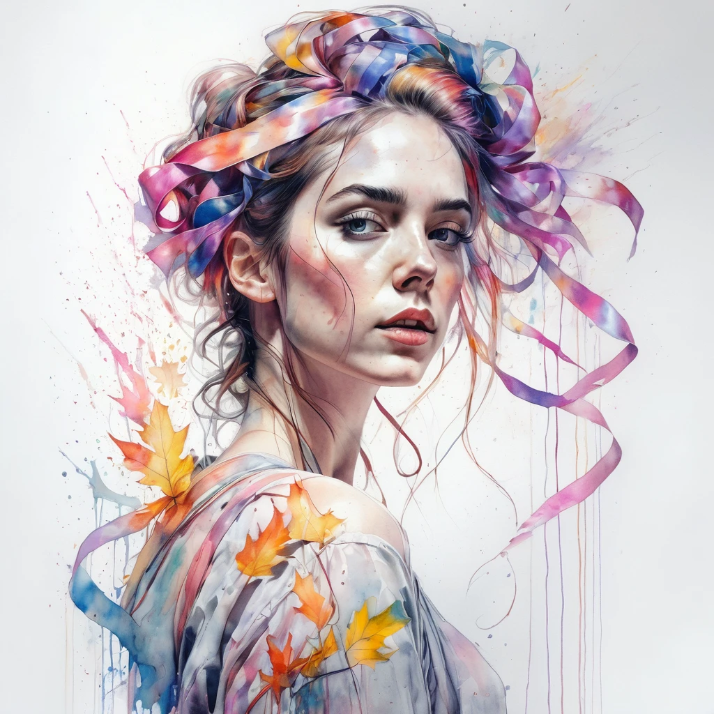 (8k, best quality, masterpiece:1.2),(best quality:1.0), (ultra highres:1.0), pencil colors, a beautiful woman, shoulder, hair ribbons, by agnes cecile, full body portrait, extremely luminous bright design, pastel colors, (ink:1.3), autumn lights, full body
