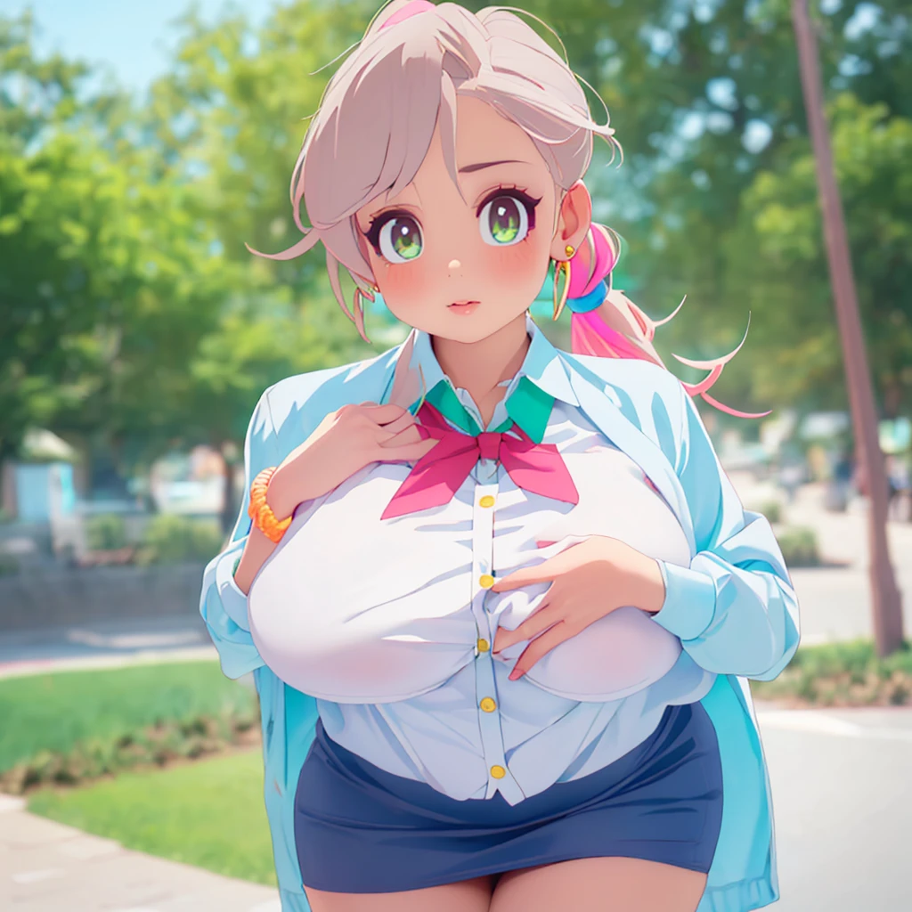 (ultra realistic,32k, masterpiece:1.1),(high detailed skin:1.1), 8k uhd, dslr, high quality, (thick\lips\), 30 year old
aakaede,two-tone hair,side ponytail,sidelocks,hair scrunchie,gyaru,earrings,necklace,breasts,,red bowtie,collared shirt, green shirt,long sleeves,bracelet,blue skirt,press, grope, (huge breast:1.2),
(looking at viewer, Bend forward:1.1), grope,(dark bioluminiscent:1.1),