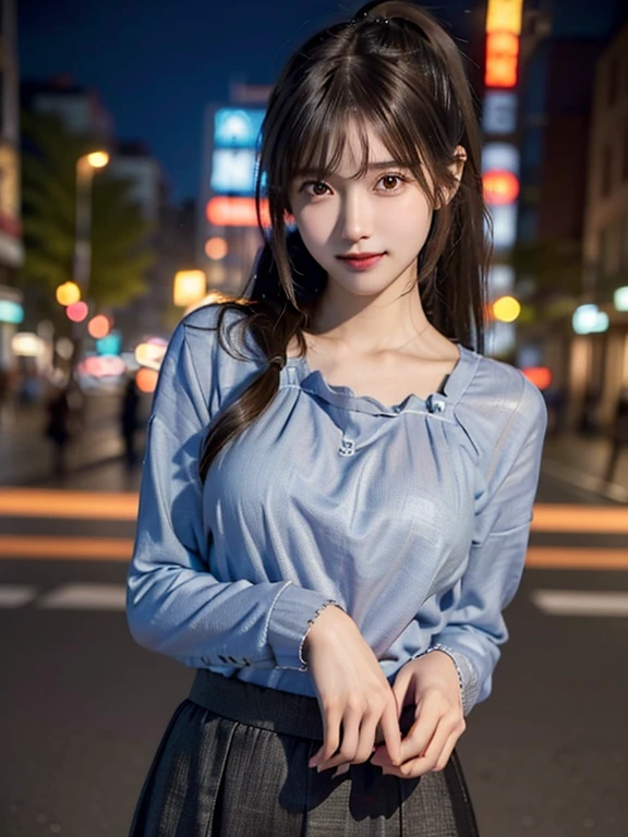 One Girl,(hires.fix:1.4)、(Loose fitting blouse:1.4),(Long skirt:1.3)、(RAW Photos, highest quality), (Realistic, Photorealistic:1.4), (My hair is messy, Asymmetrical bangs, Dark brown hair,ponytail:1.3),smile、 Very delicate and beautiful, Very detailed, 8k wallpaper, wonderful, In detail, Very detailedなCG Unity, High resolution, Soft Light, Beautifully detailed 19 year old girl, Very detailedな目と顔, Beautifully detailed nose, Beautiful fine details,Cinema Lighting,City lights at night,Perfect Anatomy,Slim body, large breasts