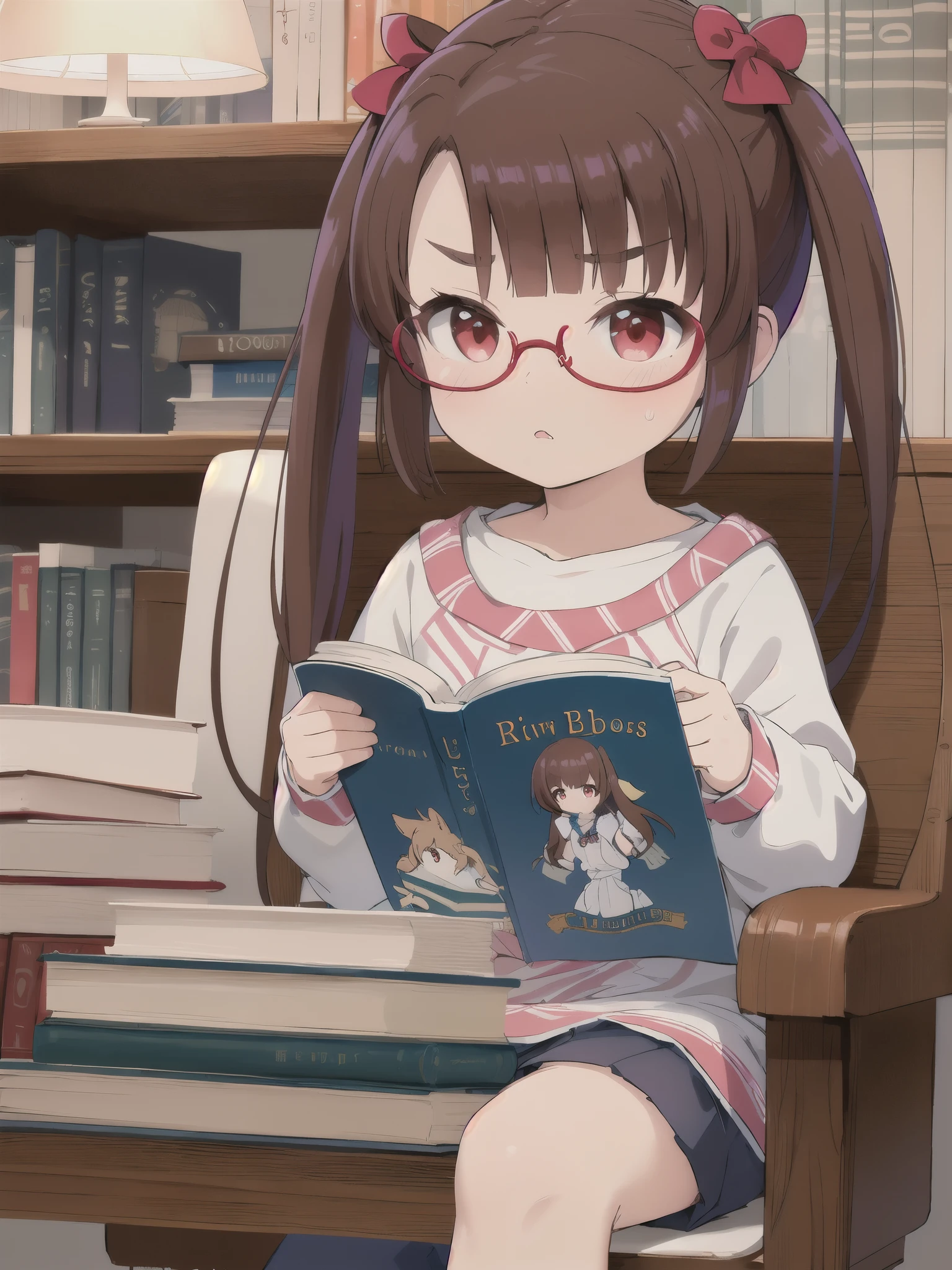 highest quality,masterpiece,indoor,library,Red eyes,Wearing red glasses,Reading a book, Twin tails, Brown Hair, bangs, , Eyebrows visible through hair,Sitting in a chair