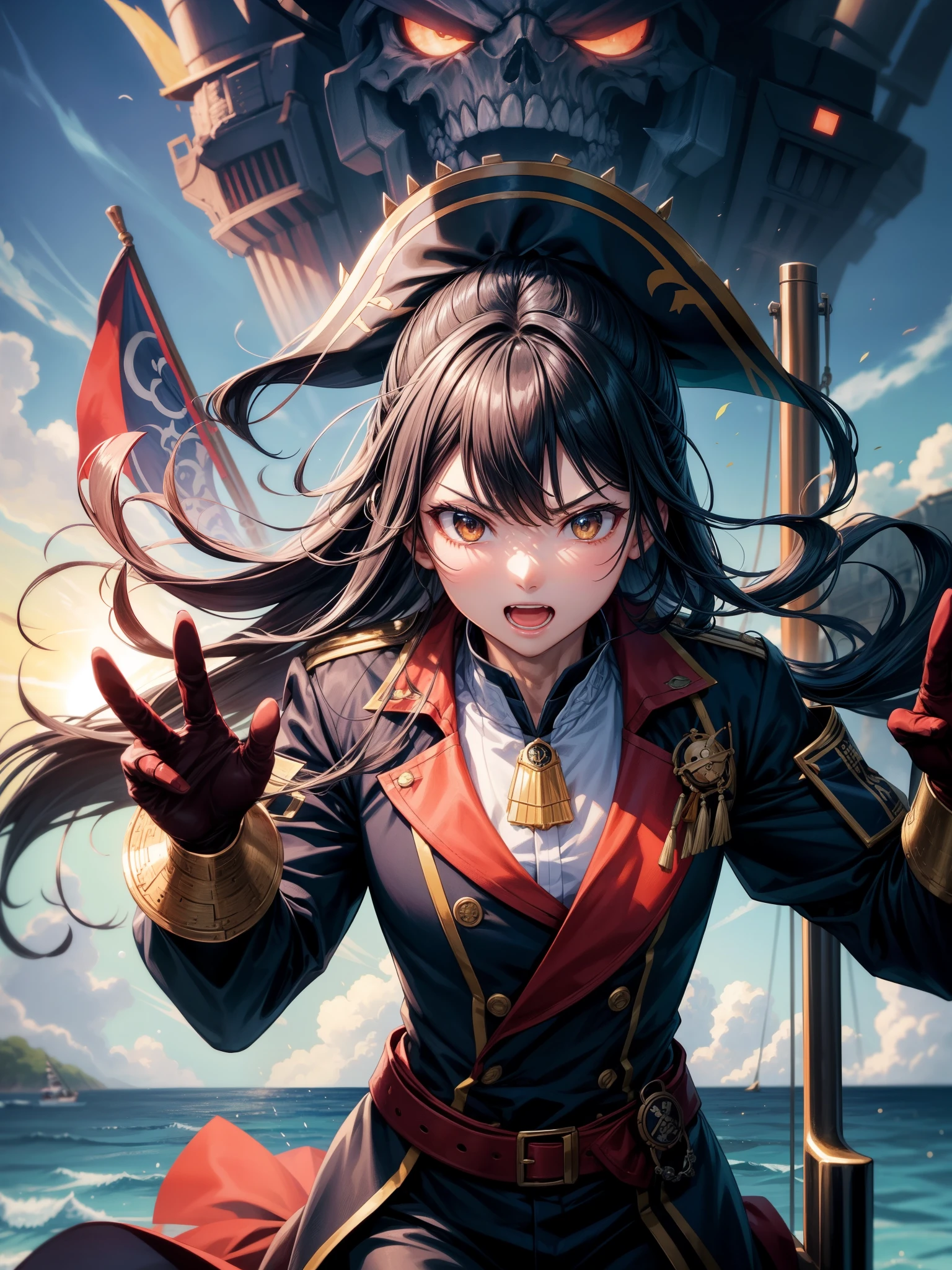 Highest resolution, semi-realistic, realistic detail, woman, petite, black hair, short double braids, bangs, green eyes, red glasses, wears official clothes, uniform, outer dress, colored coat. white,red undershirt,serious expression,angry,air force,war,government,war,science fiction,space