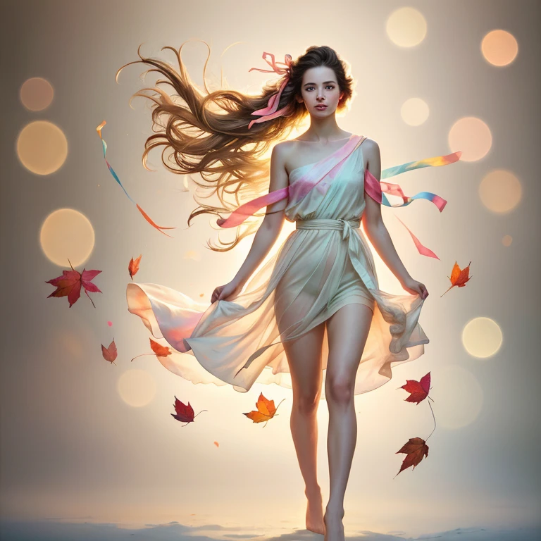 (8k, best quality, masterpiece:1.2),(best quality:1.0), (ultra highres:1.0), pencil colors, a beautiful woman, shoulder, hair ribbons, by agnes cecile, full body portrait, extremely luminous bright design, pastel colors, (ink:1.3), autumn lights, full body