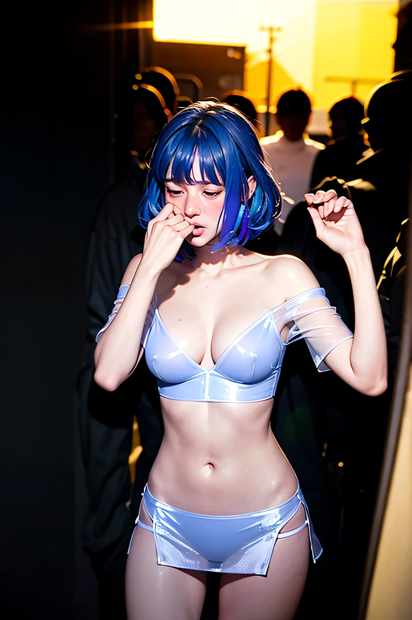 { 1 celebrity girl is surrounded by men, in , ((grab , molesting, touch on )), (cowboy shot) }, { (neon glowing), (masterpiece), (absurd resolution), (best quality:1.4), (photo realistic:1.2), (Luminous lighting:1.2), (Chiaroscuro:1.4), (Immersive atmosphere:0) }, { (blushed face:1.2),(weeping),(ashamed:0),(afraid:1.2),(scared:0),(angry:0),(open mouth:0),(tongue out:0), (shiny skin), (slender body), , (neon color hair) }, { ((see-through)) dress, off-shoulder, (pubic hair) }