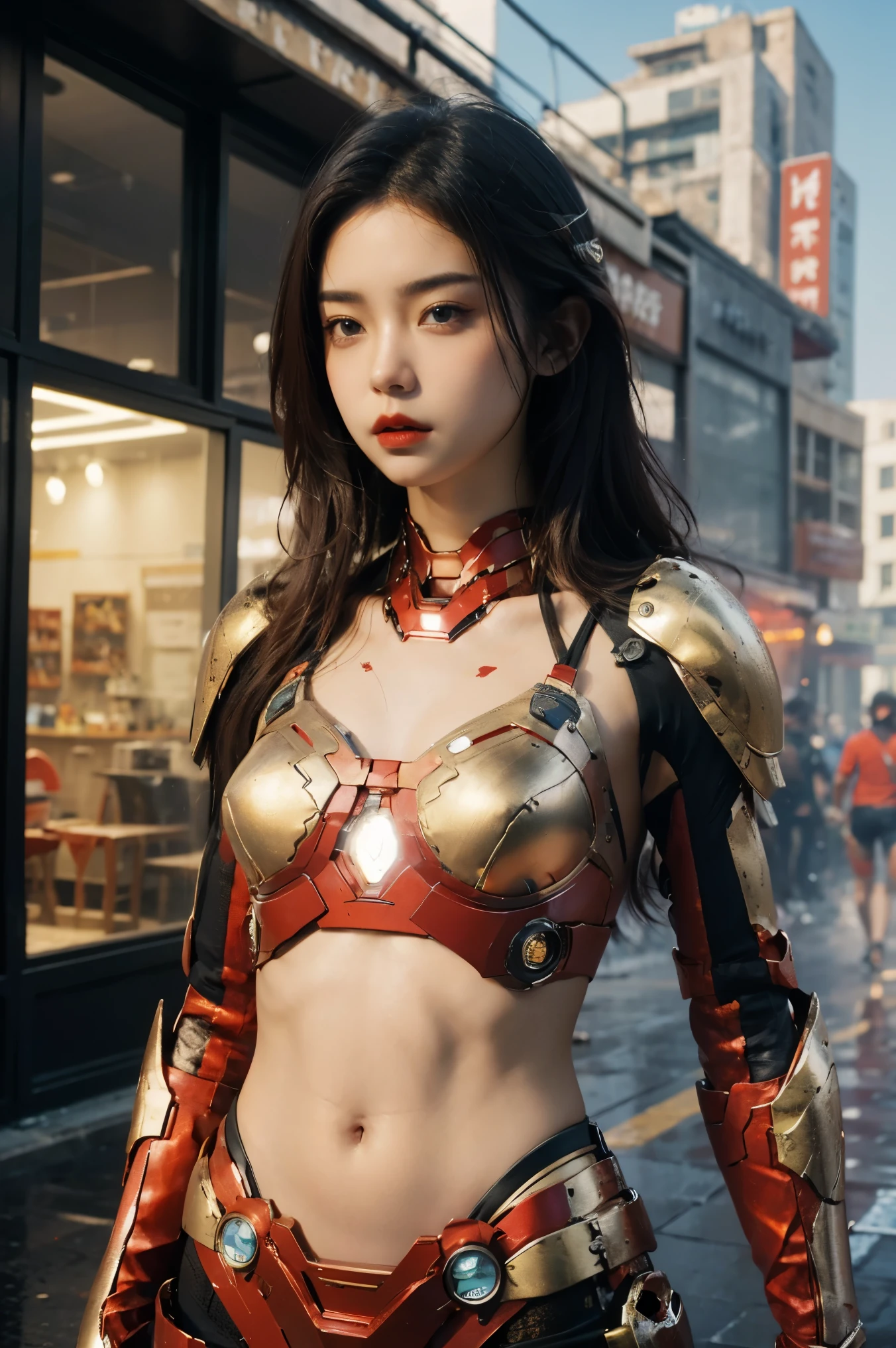 beautiful young woman, red iron man suit,((bikini top)),((metal Bikini armor)), sexy exposed midriff, full metallic armor, bare midriff and waist, open abdomen, fully exposed abdomen, cowboy-shot, realistic, photorealistic, high quality, 8k, extremely detailed, masterpiece, dynamic pose, dramatic lighting, cinematic, sci-fi, futuristic, vibrant colors