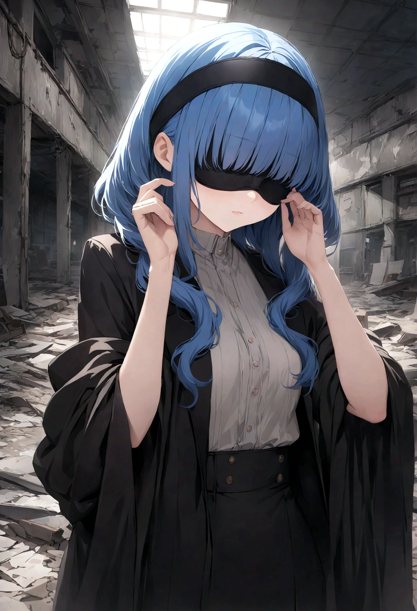 Cloth, Cover your eyes,
用丝带Cover your eyes, ((Not blindfolded,))black, black透明裙子,Long blue hair,In an abandoned factory, dark,
Album,Art Books, game_CG, realistic, photo, real,
, masterpiece, best quality,