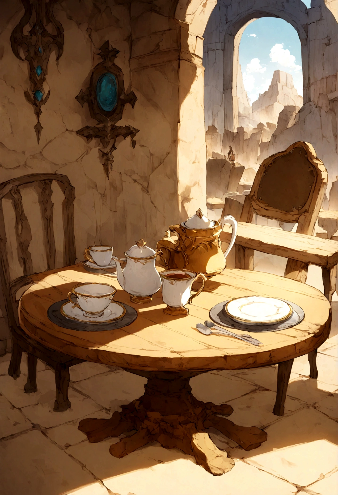 Fantasy Background, Cafe-style RPG, Empty chair, Mesa, Teacup Set