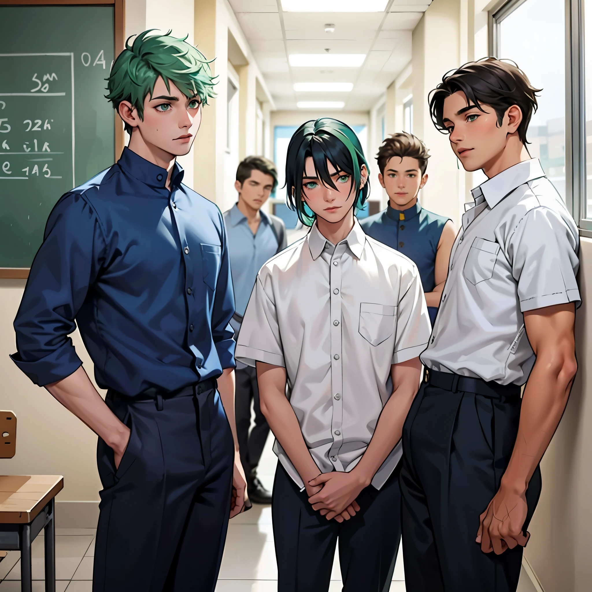los 4 chicos guapos de la ecuela camisa azul y pantalon blanco, They are talking with concern about something important that will happen. They are anxious and worried. They are in the school classrooms. They are 14 and 15 years old. They have green hair, green eyes.