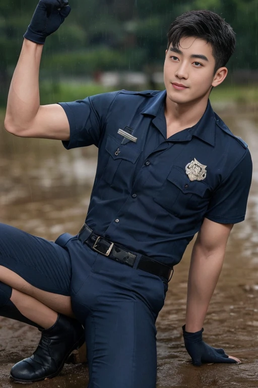 20-year-old boy ,Korean male officer ,Thin mustache...,handsome ,Wear a dark navy short-sleeved shirt............., Wearing only Dark navy thong, no pants, Black boots and dark navy gloves.,sit on the ground , His legs spread apart.............................., Police Logo ,tight breasts ,Muscle Man , ((The arm muscles are very large.................)) ,large  , Wide shoulders ,open legs ,Hold the bulge firmly with both hands............................................. ,Large long bulge pointing upwards..................................... ,Sexually suggestive, (Dynamic Poses:1.1) , thights , (Embossed Focus:1.2),On your knees......................., ,It's raining ,Mud Pond , Best qualtiy , Wide lens ,deep depth of field ,Bokeh background