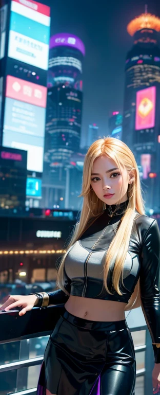 detailed futuristic park,skyscrapers,shiny metallic architecture,hovering cars,neon lights,glowing holographic displays,futuristic girl taking a selfie,bright happy smile,warm lighting,vibrant colors,cinematic atmosphere,photorealistic,8k,high resolution, ((( Russian and Japanese mix, golden hair, straight long hair, gazing, parted lips))), (((skirt)))