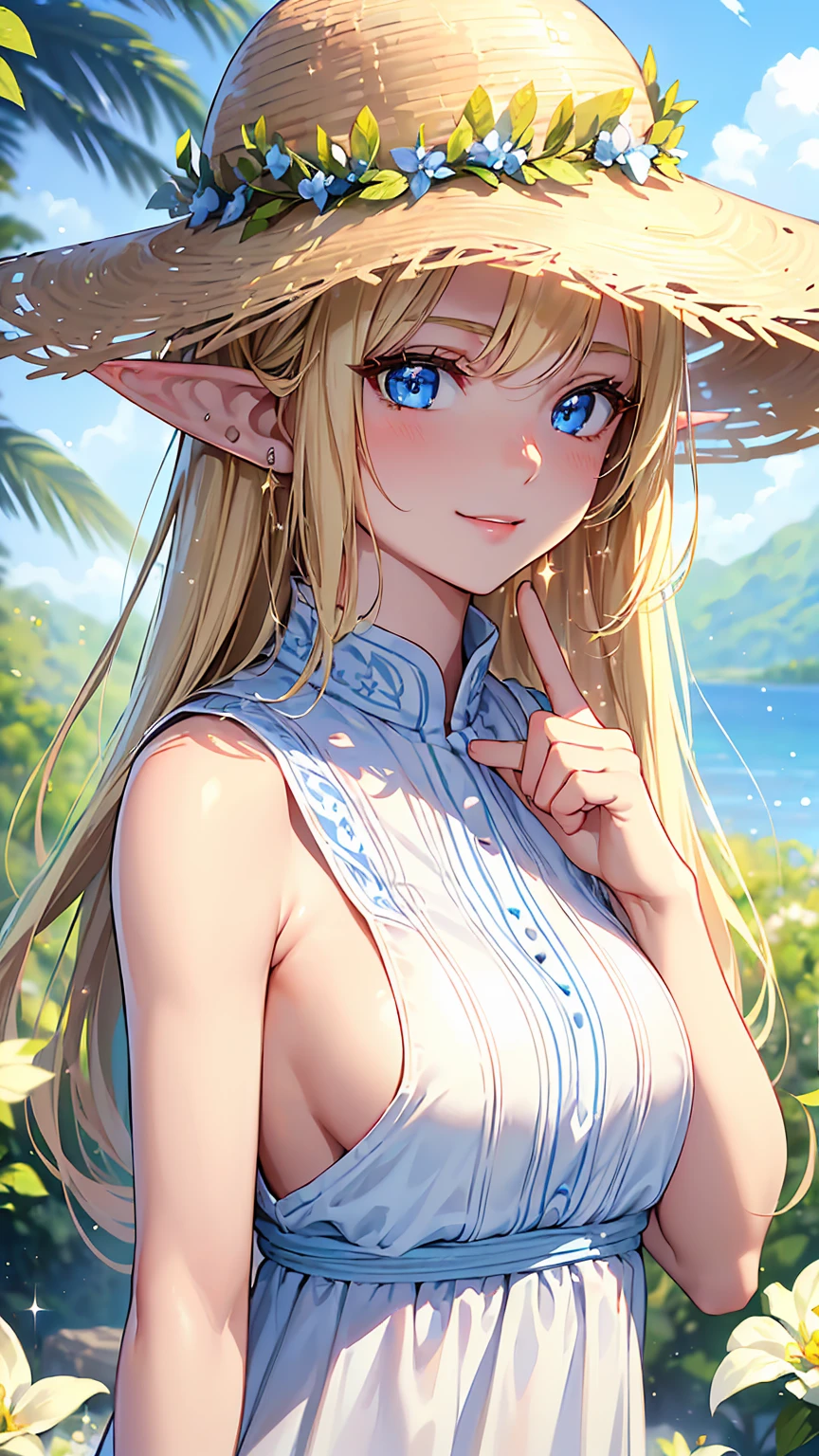 16k、masterpiece、High resolution、High resolution、((Young Elven Woman))、((Beautiful white skin))、((Beautiful blonde))、((Sparkling blue eyes))、((Pointy Ears))、Smiling Kindly、blush、Sleeveless white shirt、Wear a straw hat、Clear blue sky、look at me、((Upper body close-up))