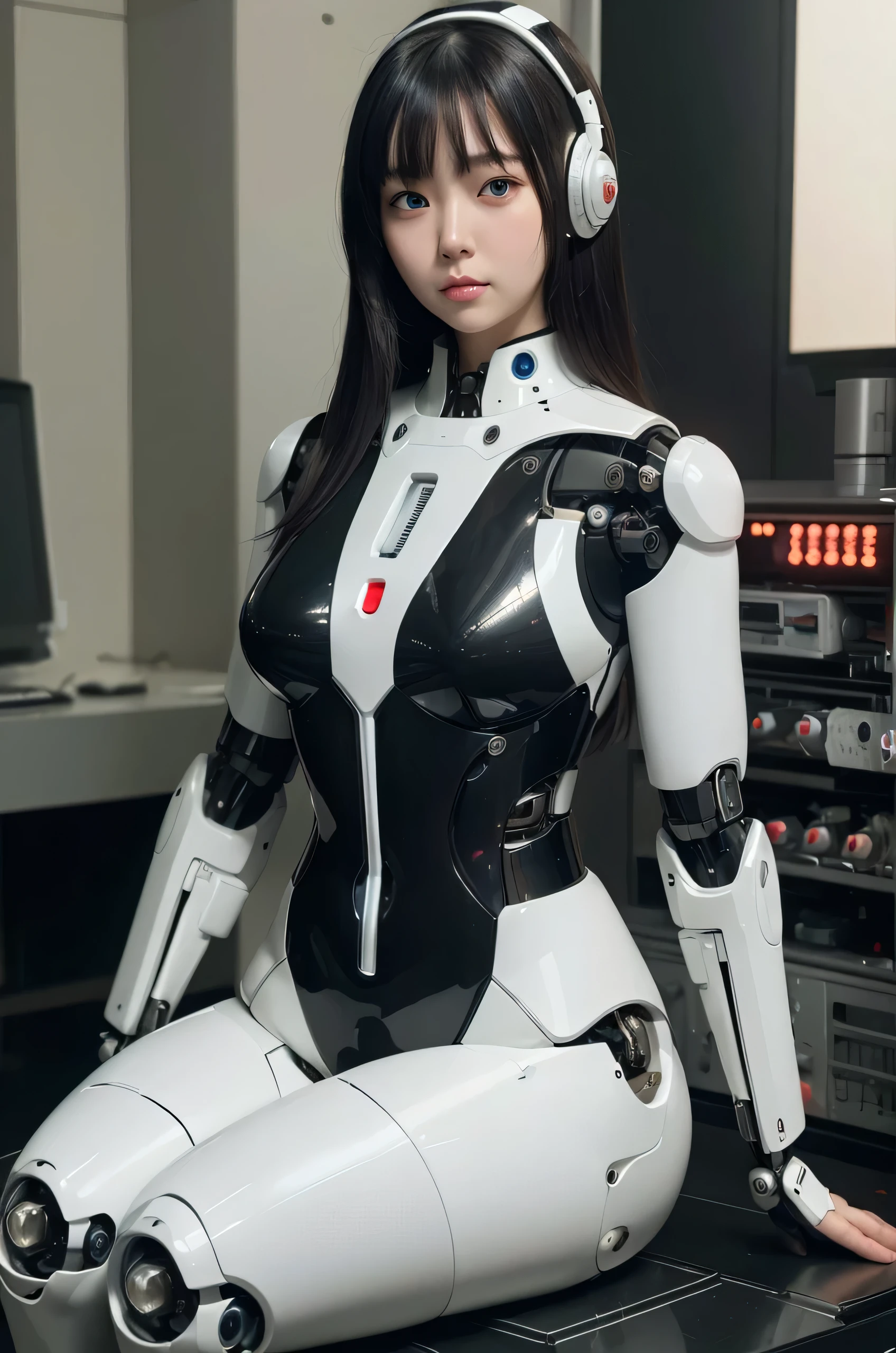masterpiece, Best Quality, Extremely detailed, 8K portrait,Japaese android woman,Plump,control panels,android,Droid,Mechanical Hand, ,Robot arms and legs, Black hair,Mechanical body,Blunt bangs,White Robotics Parts,perfect robot woman,Charging spot,Long Tube,A thick cable was connected to her neck,ceramic body ,Mechanical body, mechanical ear covers,android,robot humanoid,a bit chubby,panty,She is exhibits,perfect mechanical body,white robotics body,future laboratory,blue eyes