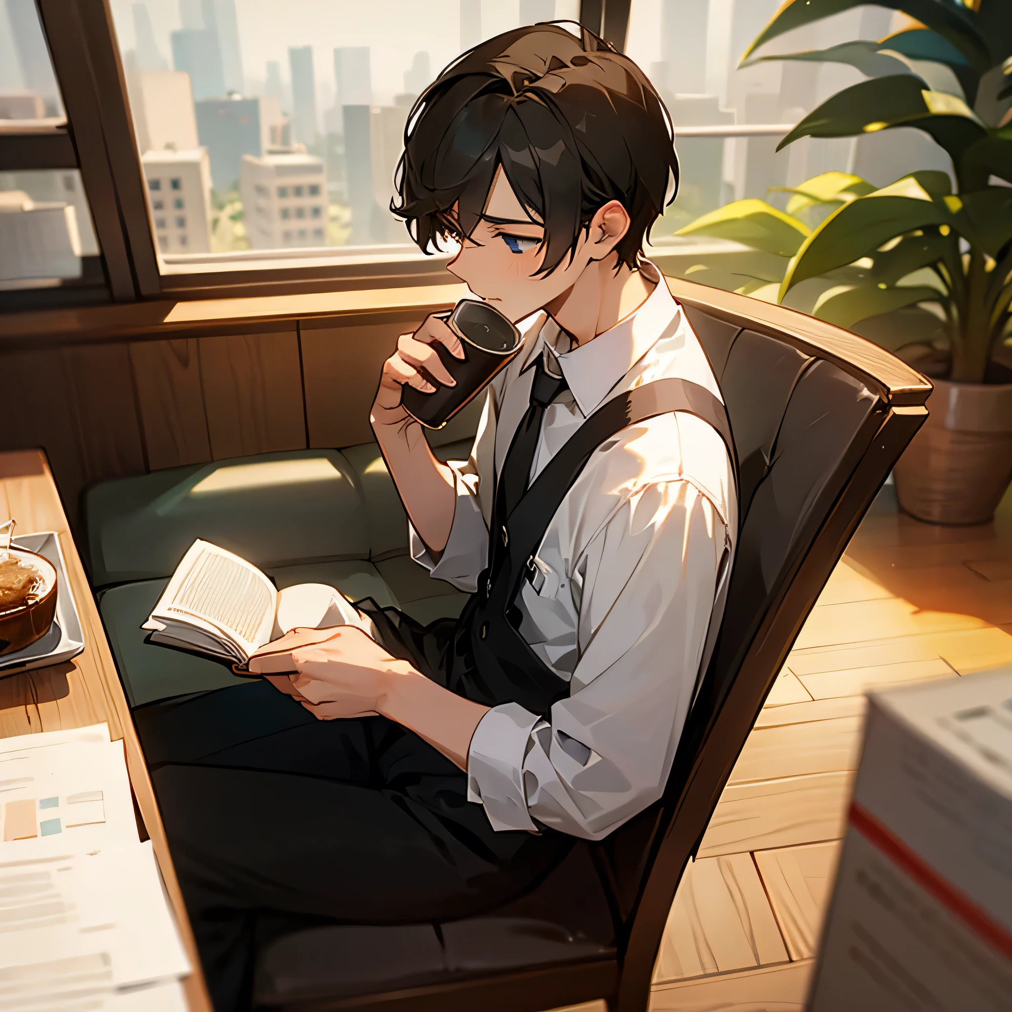 A man sitting on a chair in a coffee shop and reading a paperback book Dress shirt Coffee, sugar and water on the table Camera from above