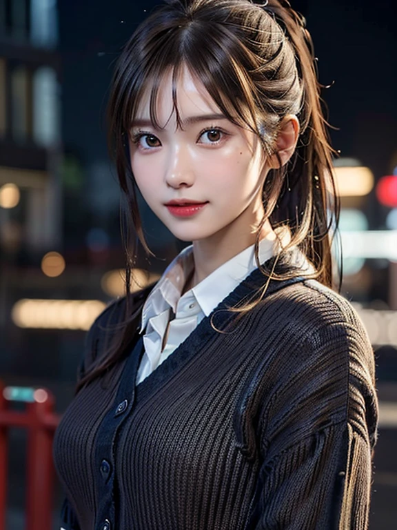 One Girl,(hires.fix:1.4)、(Collared shirt:1.4), (cardigan:1.3),(Long skirt:1.3)、(RAW Photos, highest quality, 8k wallpaper), (Realistic, Photorealistic:1.4), (My hair is messy, Asymmetrical bangs, Dark brown hair,ponytail:1.3),smile、 Very delicate and beautiful, Very detailed,  wonderful, In detail, Very detailedなCG Unity, High resolution, Soft Light, Beautifully detailed 19 year old girl, Very detailedな目と顔, Beautifully detailed nose, Beautiful fine details,Cinema Lighting,City lights at night,Perfect Anatomy,Slim body, large breasts