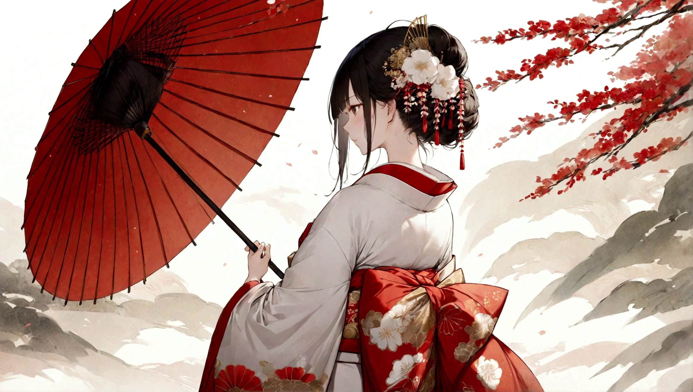 A woman in a kimono holding a parasol。Heian period。Red Umbrella。Standing with your back turned。Angle from the back