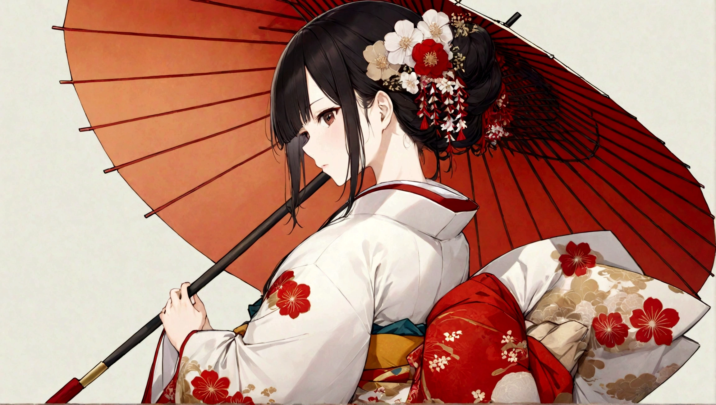 A woman in a kimono holding a parasol。Heian period。Red Umbrella。Standing with your back turned。Angle from the back