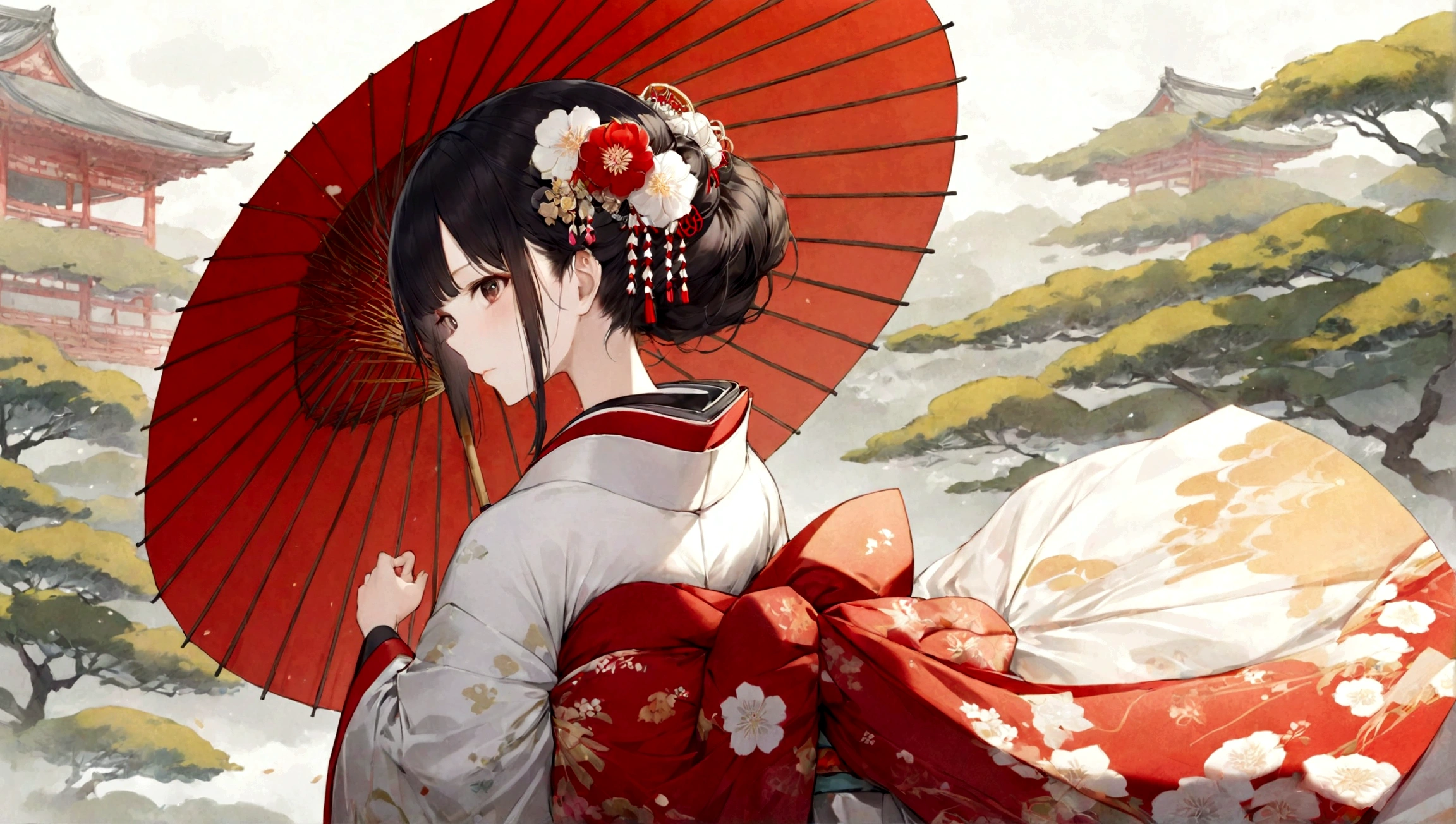 A woman in a kimono holding a parasol。Heian period。Red Umbrella。Standing with your back turned。Angle from the back