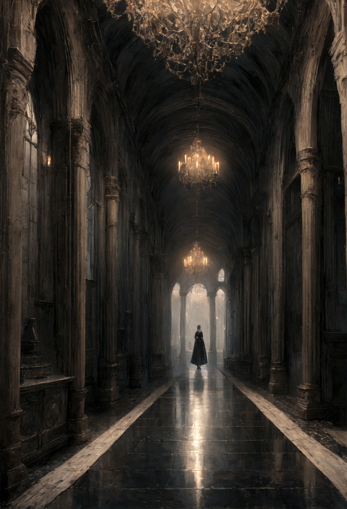 Dark Night,Of an abandoned mansion full of secrets, Dark and mysterious hallway, Relax, Interior Architecture, Gothic art, realism, One person&#39;s perspective, outside, Canon, Super Detail, high quality, High resolution, 8k, 最high quality