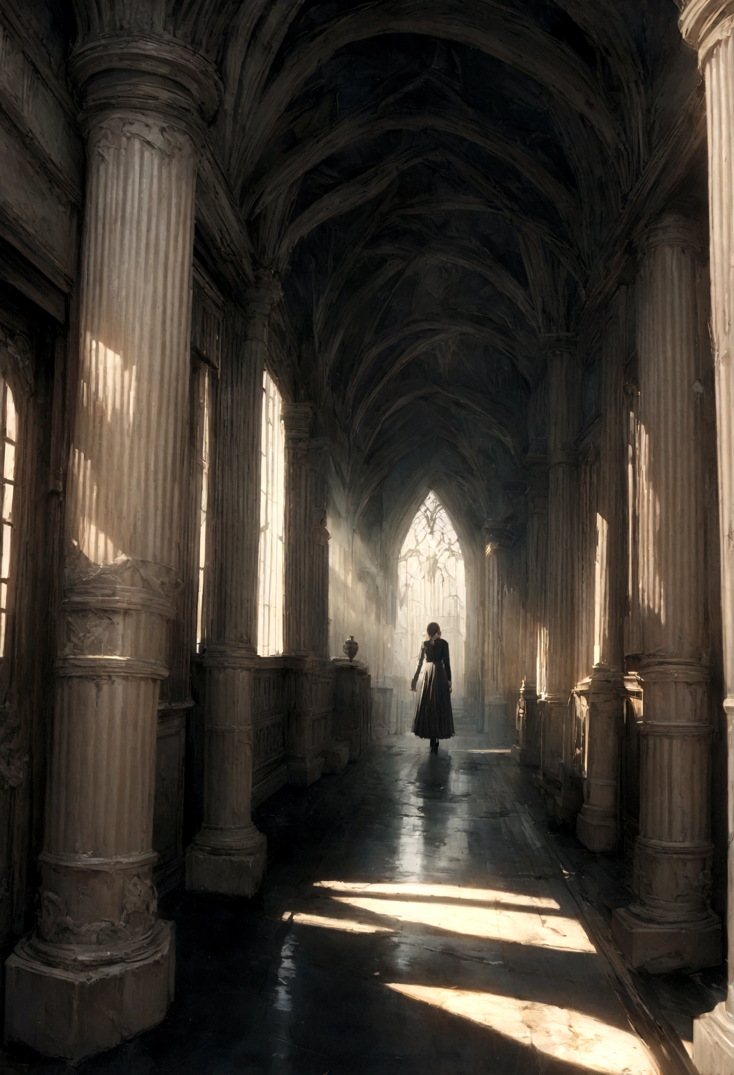 Dark Night,Of an abandoned mansion full of secrets, Dark and mysterious hallway, Relax, Interior Architecture, Gothic art, realism, One person&#39;s perspective, outside, Canon, Super Detail, high quality, High resolution, 8k, 最high quality