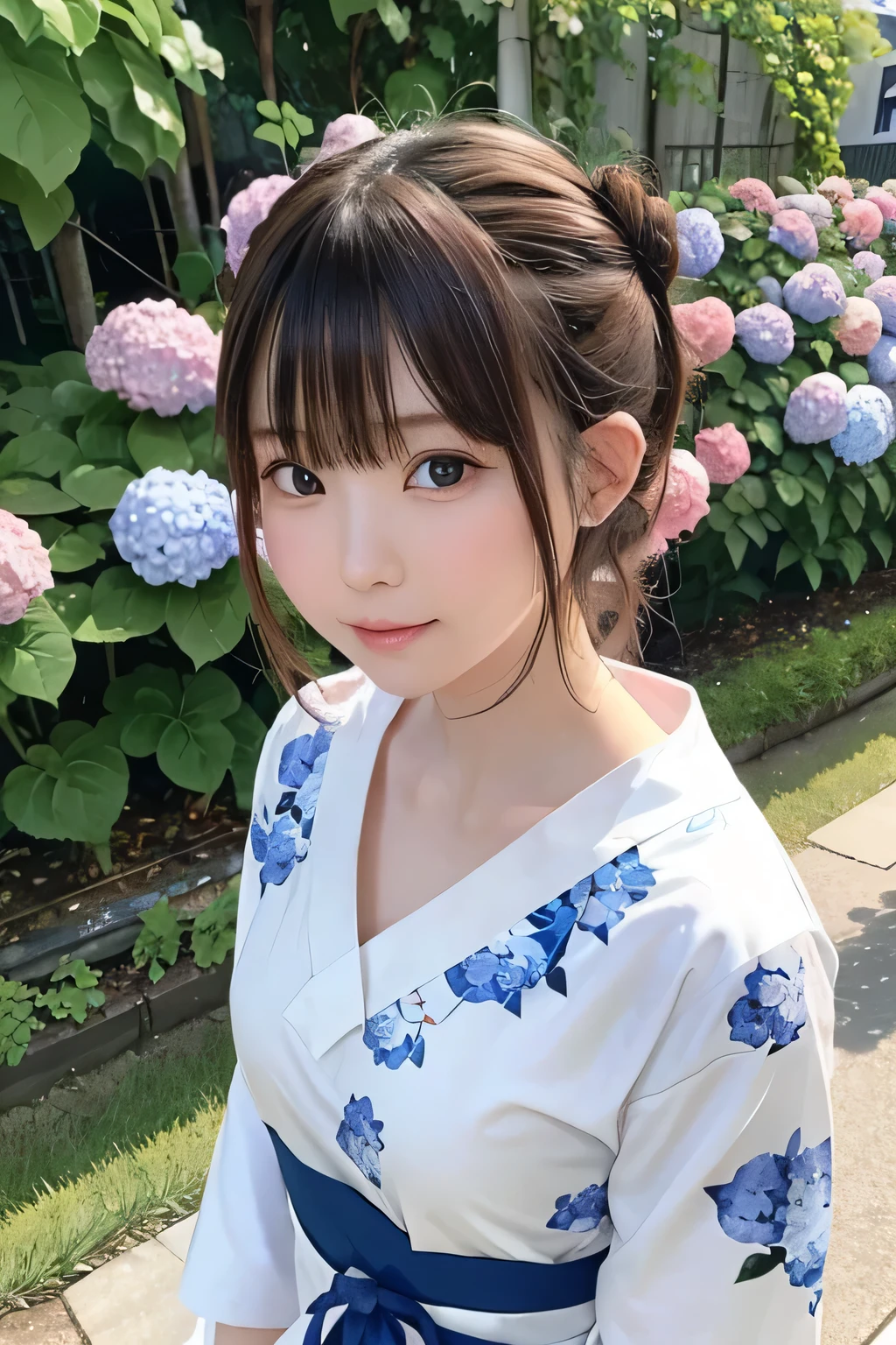 8k、highest quality、masterpiece、Portraiture、１People cute girl、(Up shot close up)、slim、(((Flat body)))、Hydrangea background、Wearing a blue yukata with hydrangea pattern、Bun Hair