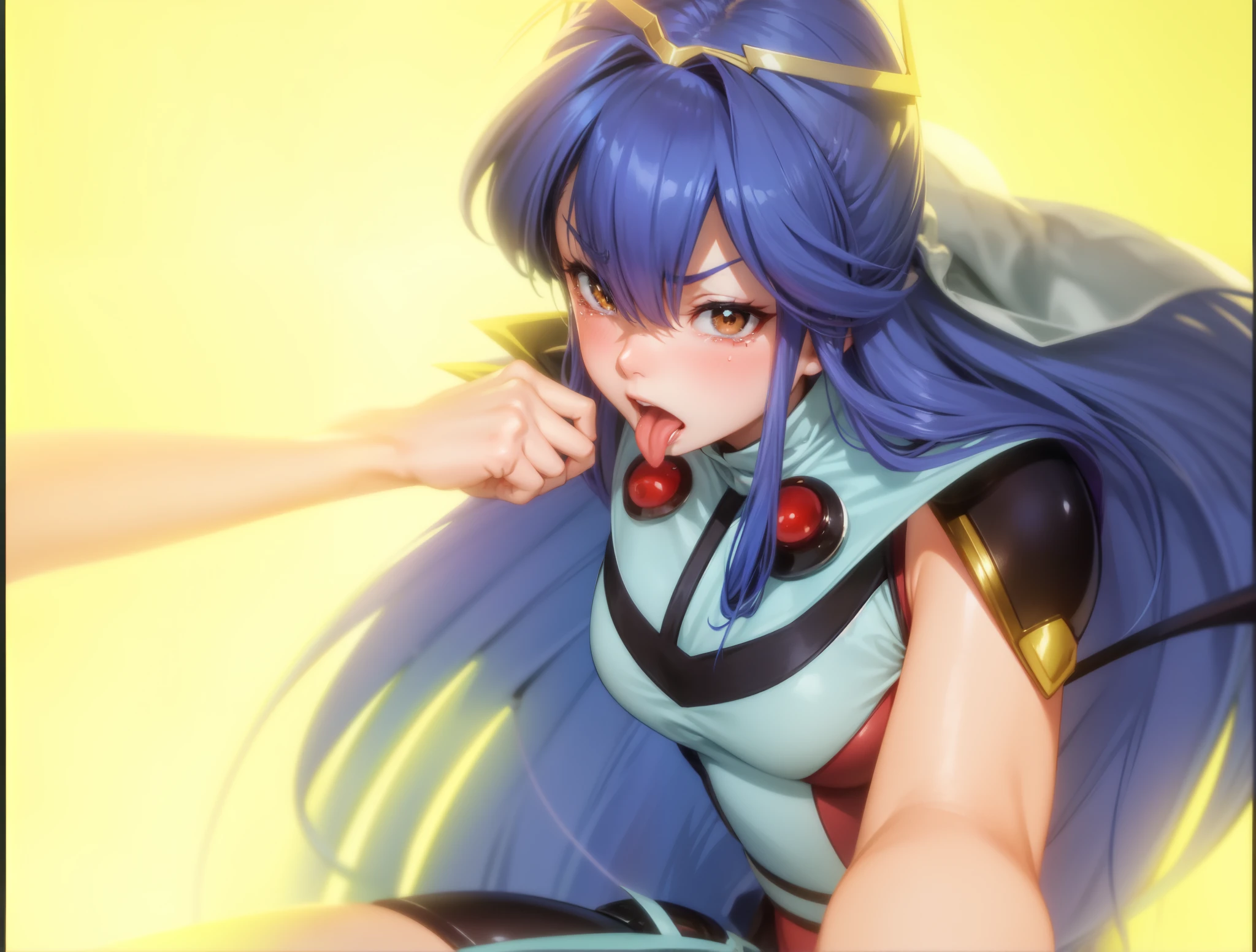 Female Combatant、Purple haired Japanese girl、Close-up of a girl in a blue leotard、Blue glossy leotard、Blue knee-high boots、Yellow Globe、Saiyan Girl, wonderful, Nano Girl, Female body type, Inspired by Hiromu Arakawa, Anime Manga Robot!! Anime Girls, Fubuki, Full Body Suit, by Hiromu Arakawa、wonderful, silk, Beautiful and attractive anime teen, Anime Girls of the future, tears,Drooling,Pee,Sweat,Tongue out,incontinence,Peeing,Mouth open and tongue out,Estrus,Eyes wide open,Estrus,Blushing,Nipples are erect,Face is hot,Lust、Mouth wide open and tongue sticking out、incontinence、Crying face、Drooling、Red lips、Red tongue、Red tongueを大きく突き出している