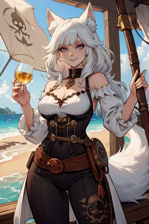 A young white haired fox woman with copper eyes and an hourglass figure and white fox ears and a white foxy tail in a pirate outfit is smiling on a pirate ship