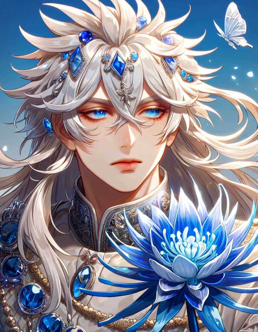 absurdres, highres, ultra detailed, HDR, master piece, best quality, extremely detailed face, delicated features, Xinren, untamed spiky hair, white long hair, hair between the eyes, expressive blue eyes, white eyelashes, Thousand Years War, man, solo, handsome, white robes, accessories, patterns, blue sky, silver butterflies, blue spider lilies, fantasy, magical, radiant