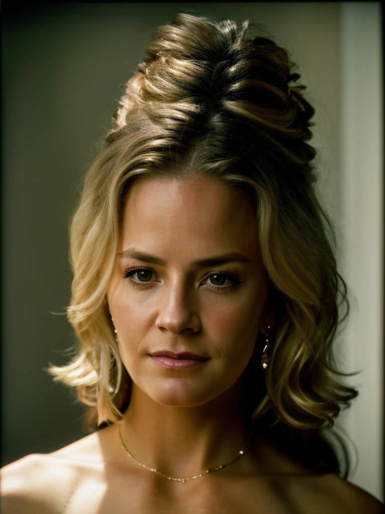 Realistic photo of a beautiful 3l1z4b3ths-v1 woman,  1girl, solo, long hair, looking at viewer, (((blonde hair))), jewelry, earrings, parted lips, lips, border, portrait, realistic, black border, soft lighting, professional Photography, Photorealistic, detailed, RAW, analog, sharp focus, 8k, HD, DSLR, high quality, Fujifilm XT3, film grain, award winning, masterpiece,barefoot