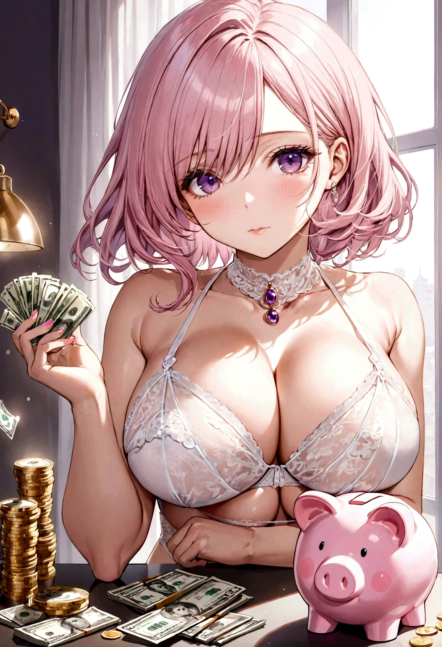 Best Quality, Masterpiece, Portrait, Perfect Anatomy, Femininity, Cool, Flawless, One Woman, Solo, Sexy, Stylish, Mature, Purple Eyes, Long Light Pink Hair, Big Breasts, White Lingerie, Piggy Bank, Money