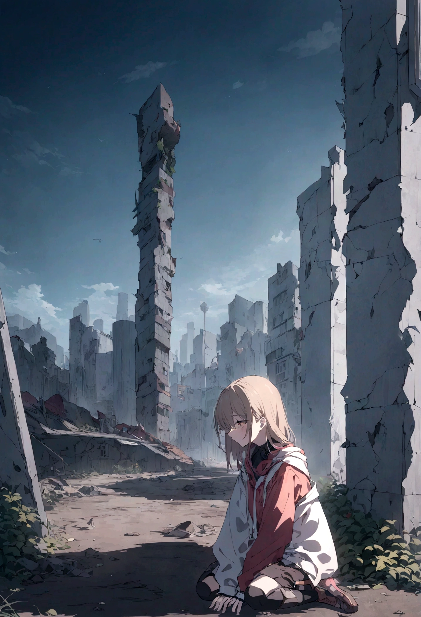 Neon Genesis Evangelion,Unit 2,Asuka,Kneeling,Abandoned metropolis,Damaged clothes