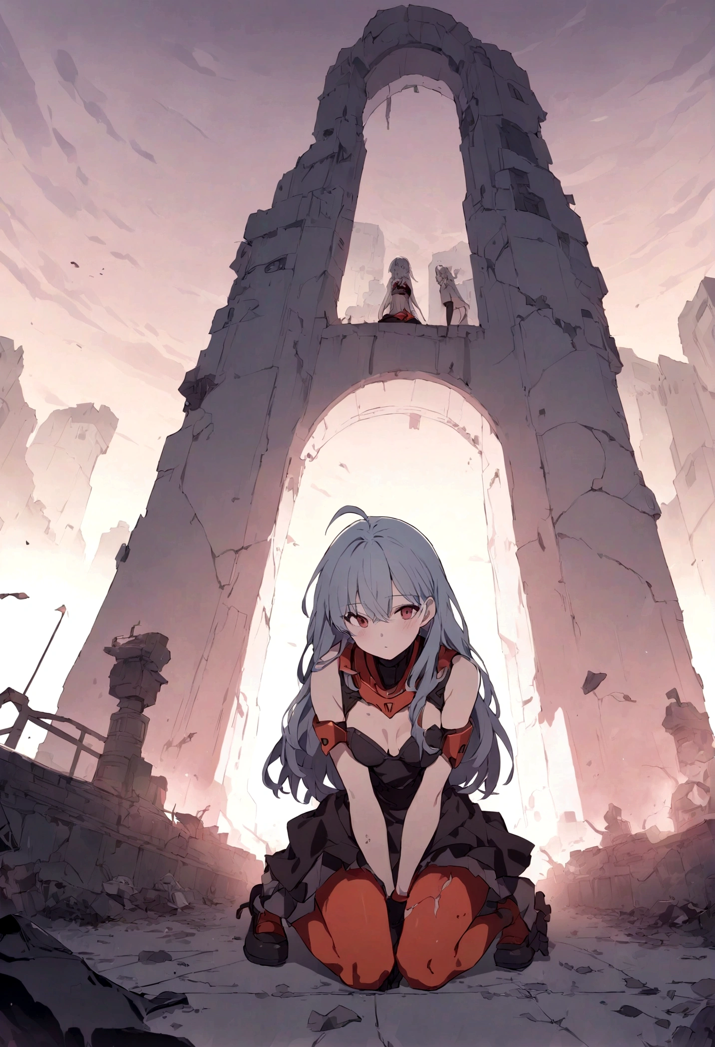 Neon Genesis Evangelion,Unit 2,Asuka,Kneeling,Abandoned metropolis,Damaged clothes
