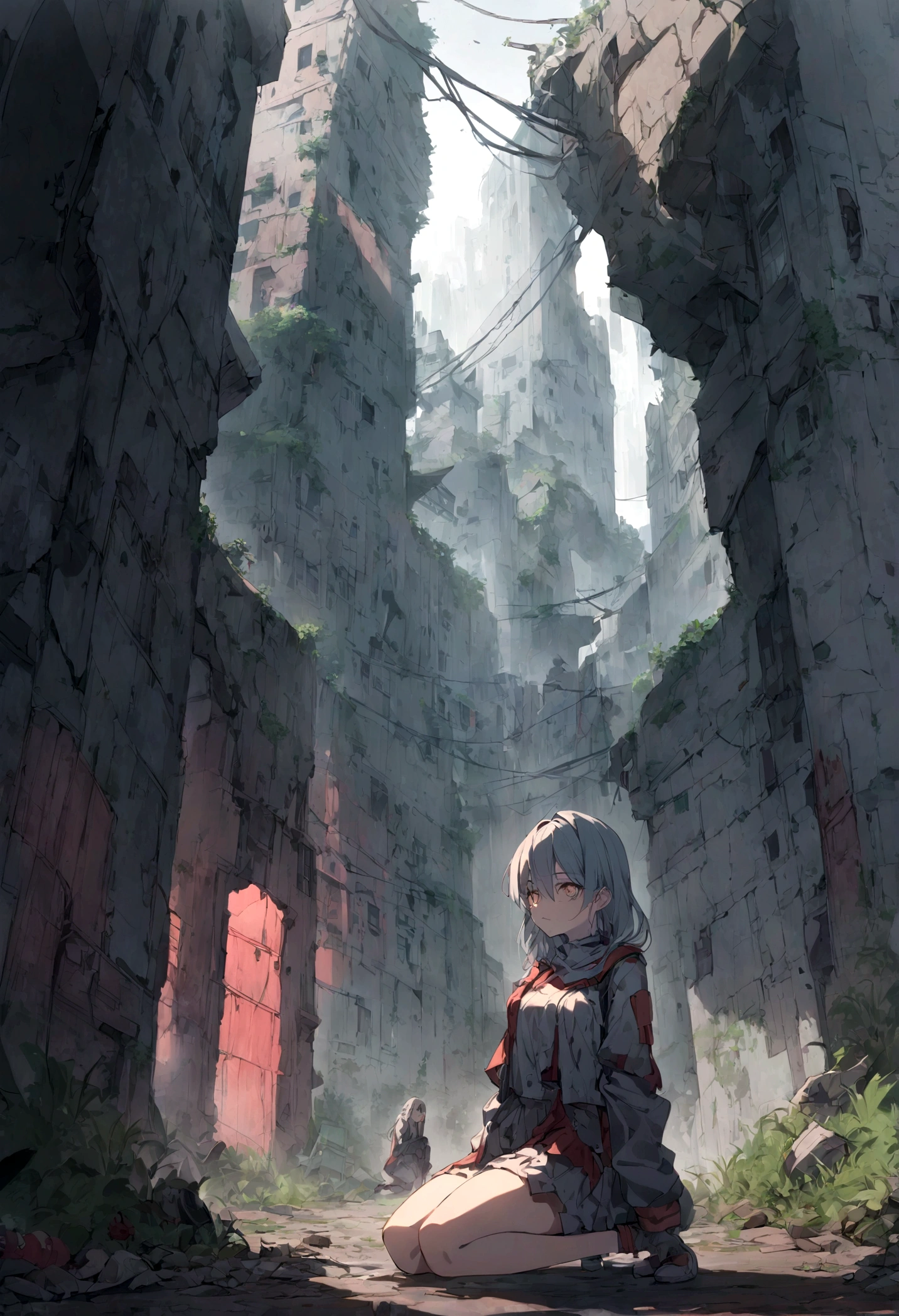 Neon Genesis Evangelion，Unit 2，Asuka，Kneeling，Abandoned metropolis，Damaged clothes