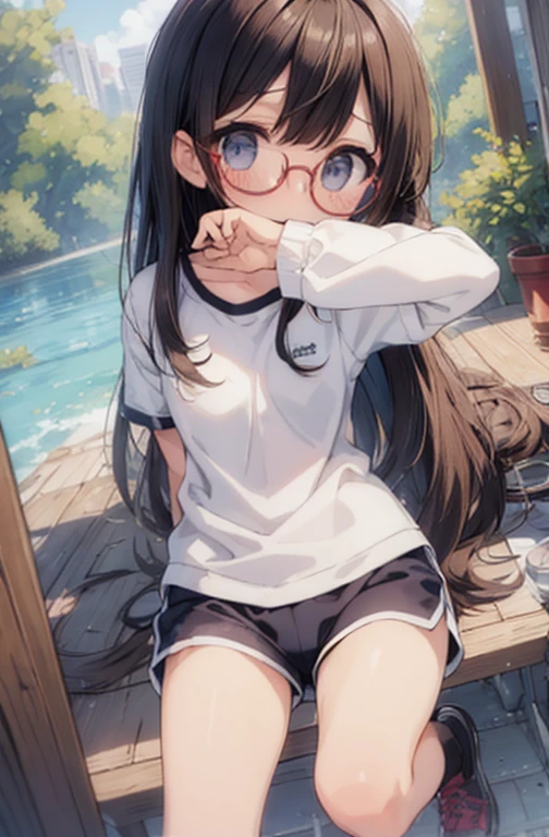 ((orgasm、blush:1.9)、Convulsions、Watery eye、Gym suit、(Navy shorts、Gym suitショートパンツ:1.3)、(Big red round glasses)、(Pee、Peeing:1.5)、Overflowing love juice)