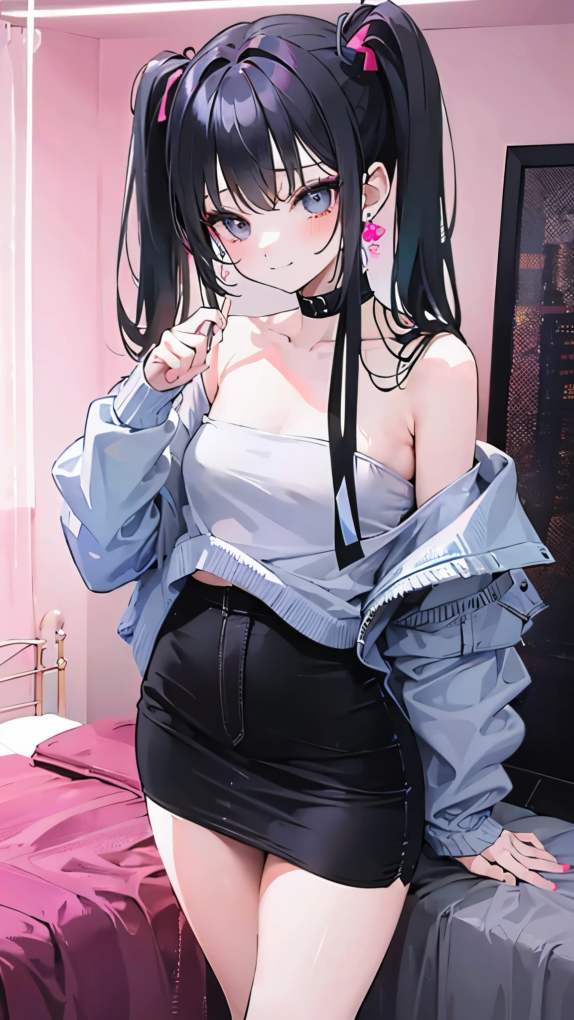 (8k、Best image quality、highest quality、masterpiece)、Detailed face、 1 girl、Black Hair、Long Hair、twintails、Diagonal bangs、Grey Eyes、Earrings、blush、evil smile、((steam))、small、((Black tube top))、((Strapless))、((no bra))、((Thick waist))、((denim pencil skirt))、((micro miniskirt:1.3))、Cowboy Shot、Hide your arms behind your back、Pink Neon、Bedroom Background