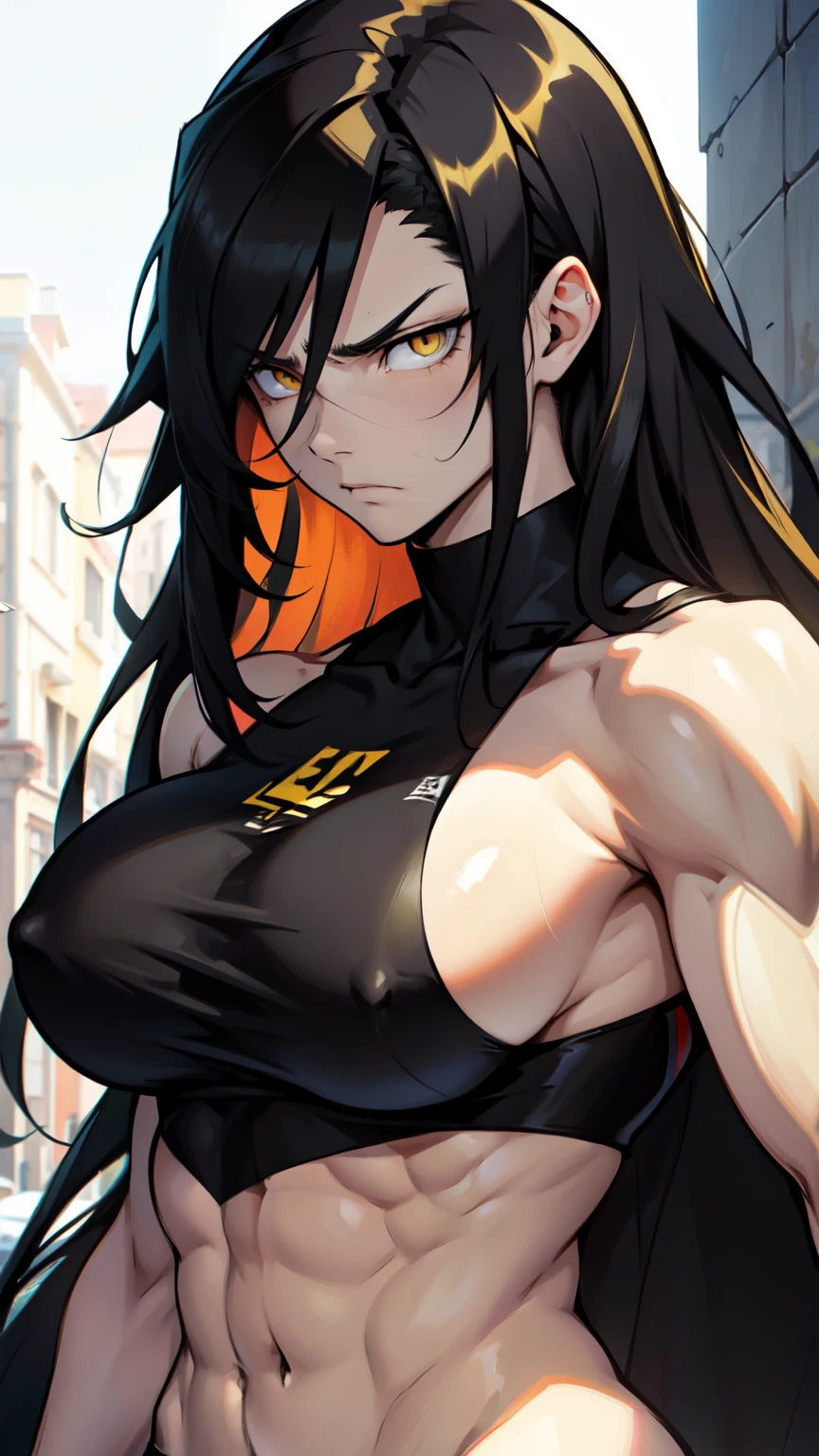 ((two-toned hair)) extremely long hair pale skin girl black hair yellow eyes solo ((muscular toned body)) huge breasts sad frown