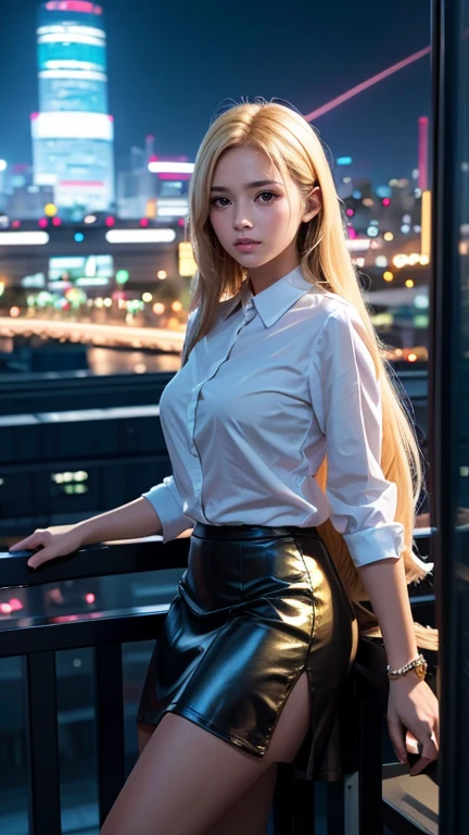 detailed futuristic park,skyscrapers,shiny metallic architecture,hovering cars,neon lights,glowing holographic displays,futuristic girl taking a selfie,bright happy smile,warm lighting,vibrant colors,cinematic atmosphere,photorealistic,8k,high resolution, ((( Russian and Japanese mix, golden hair, straight long hair, gazing, parted lips))), (((skirt)))