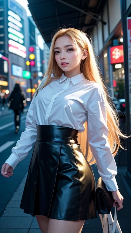 detailed futuristic park,skyscrapers,shiny metallic architecture,hovering cars,neon lights,glowing holographic displays,futuristic girl taking a selfie,bright happy smile,warm lighting,vibrant colors,cinematic atmosphere,photorealistic,8k,high resolution, ((( Russian and Japanese mix, golden hair, straight long hair, gazing, parted lips))), (((skirt)))