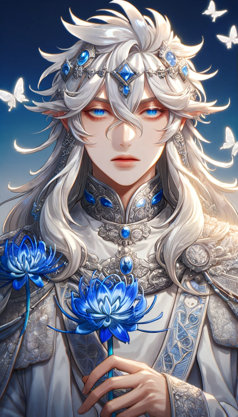 absurdres, highres, ultra detailed, HDR, master piece, best quality, extremely detailed face, delicated features, Xinren, untamed spiky hair, white long hair, hair between the eyes, expressive blue eyes, white eyelashes, Thousand Years War, man, solo, handsome, white robes, accessories, patterns, blue sky, silver butterflies, blue spider lilies, fantasy, magical, radiant