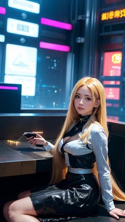 detailed futuristic park,skyscrapers,shiny metallic architecture,hovering cars,neon lights,glowing holographic displays,futuristic girl taking a selfie,bright happy smile,warm lighting,vibrant colors,cinematic atmosphere,photorealistic,8k,high resolution, ((( Russian and Japanese mix, golden hair, straight long hair, gazing, parted lips))), (((skirt)))