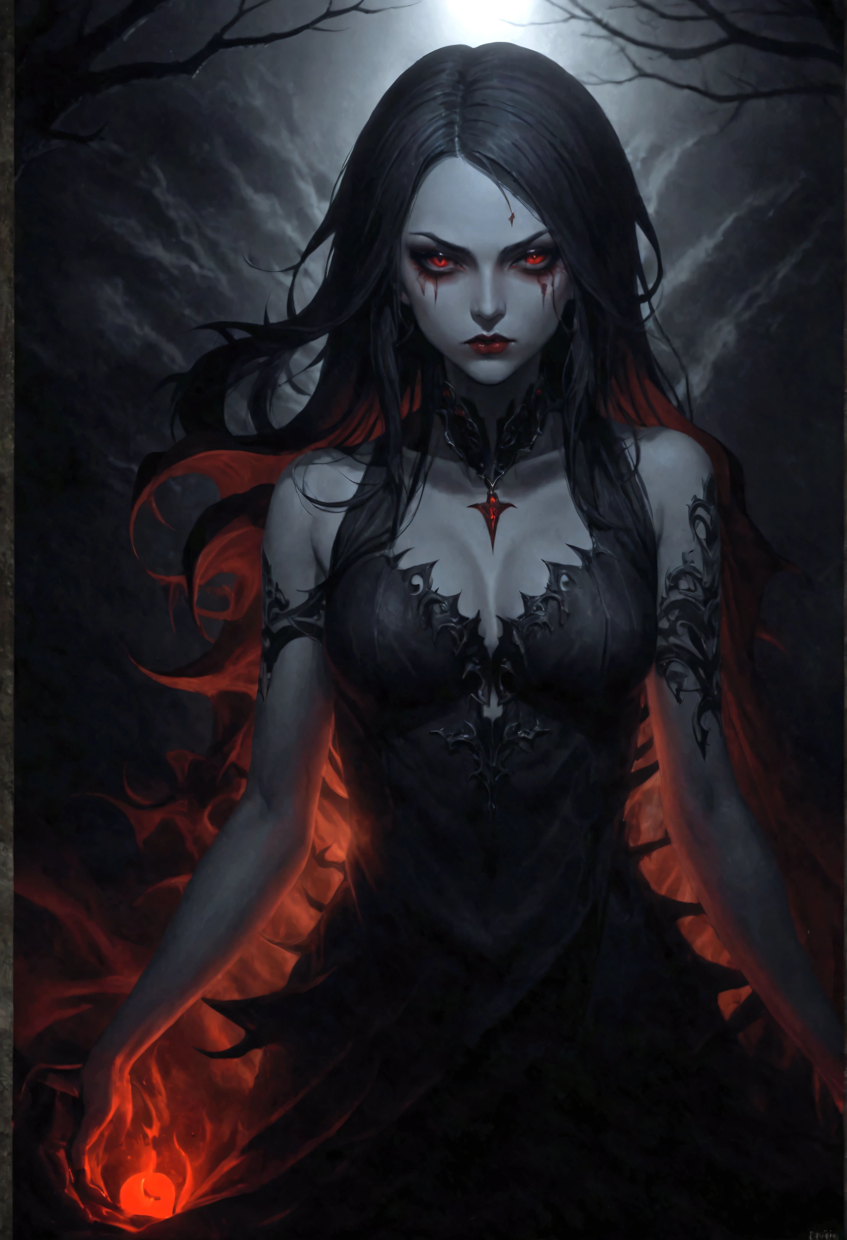 (High resolution,Practical) Long hair girl,skirt, Beautiful demon woman from hell, (in the darkness: 1.6), Very rich facial details,Red-black lips, Shoulder devil tattoo,rugged, Moderate: Detailed facial features, Determine the expression, Dark background